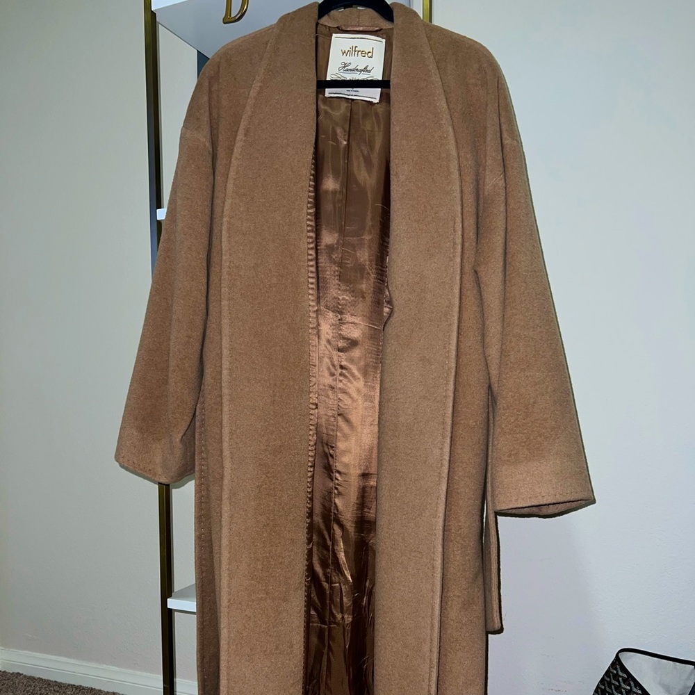 Aritzia Wilfred Camel Brown Shawl-Collar Wool Pea Coat